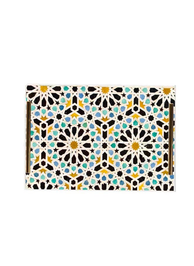 لوحة - صينية تقديم مصنوعة من الأكريليك بمقابض معدنية ذهبية اللون مزخرفة بتصميم زخرفة البلاط - Image 1