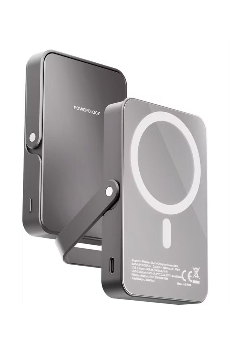Powerology 10000mAh Magsafe Glass Surface Power Bank, Compact Design, Type-C & Wireless output, Integrated Stand, Aluminum Material, 20W Power Delivery, Cable-Free - Titanium  - Image 1