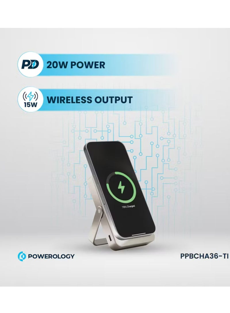 Powerology 10000mAh Magsafe Glass Surface Power Bank, Compact Design, Type-C & Wireless output, Integrated Stand, Aluminum Material, 20W Power Delivery, Cable-Free - Titanium  - Image 4