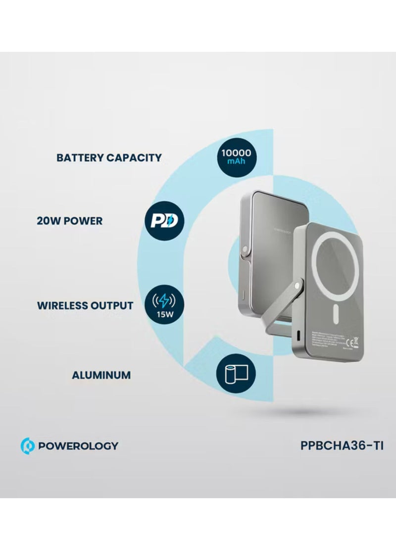 Powerology 10000mAh Magsafe Glass Surface Power Bank, Compact Design, Type-C & Wireless output, Integrated Stand, Aluminum Material, 20W Power Delivery, Cable-Free - Titanium  - Image 5