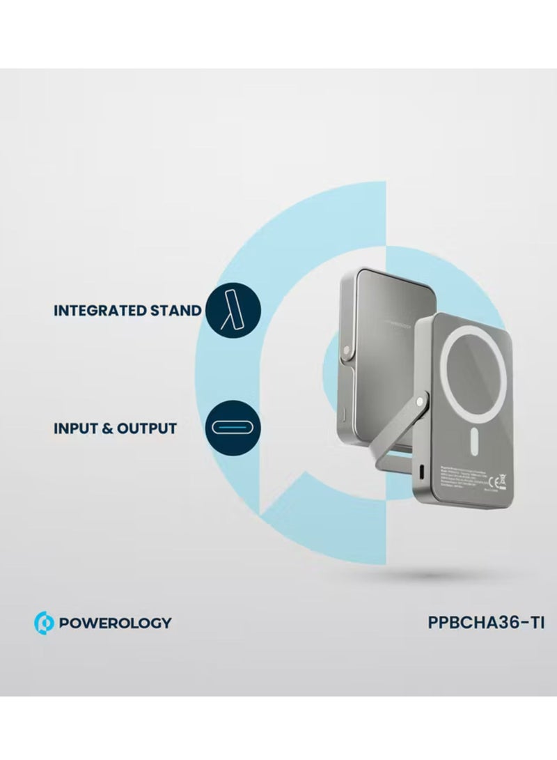 Powerology 10000mAh Magsafe Glass Surface Power Bank, Compact Design, Type-C & Wireless output, Integrated Stand, Aluminum Material, 20W Power Delivery, Cable-Free - Titanium  - Image 3