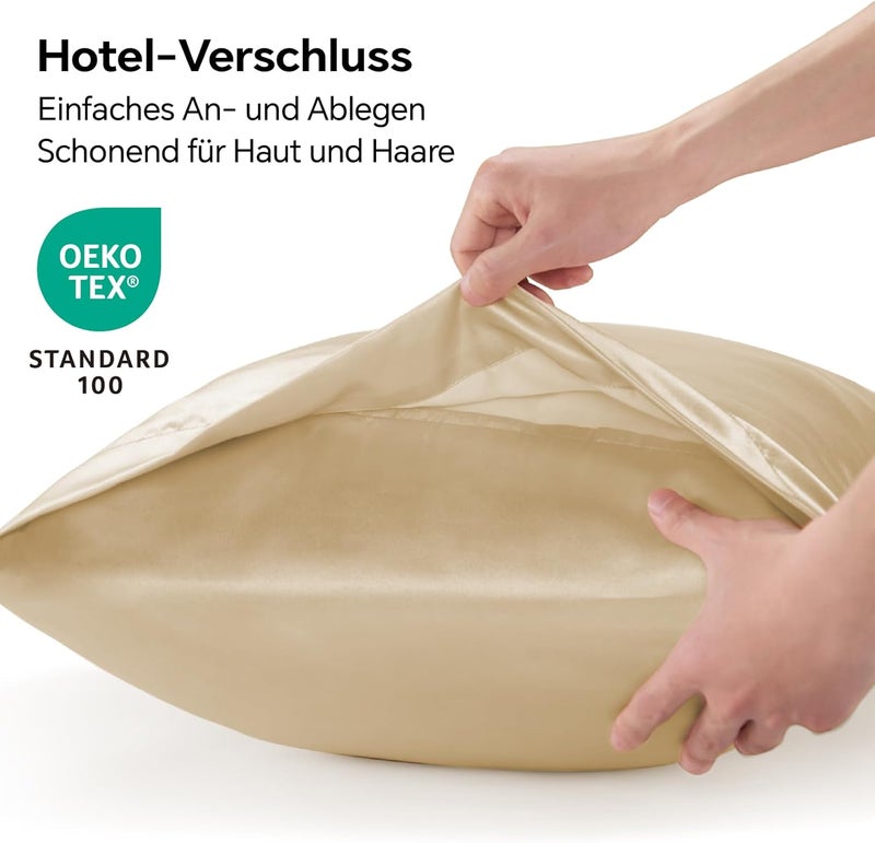 BEDELITE Satin Cushion Cover Set of 2 40 x 80 cm Gold Beige | Silk Pillowcase Alternative, Soft for Summer, 2 Hair Bobbles Included, for Hair and Skin - Image 2