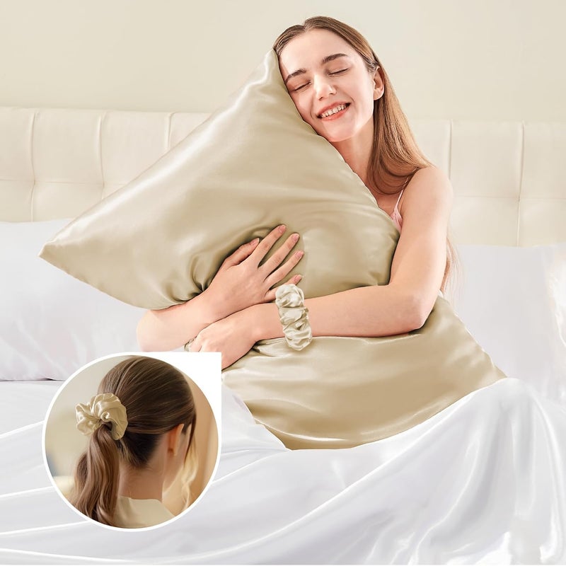 BEDELITE Satin Cushion Cover Set of 2 40 x 80 cm Gold Beige | Silk Pillowcase Alternative, Soft for Summer, 2 Hair Bobbles Included, for Hair and Skin - Image 5