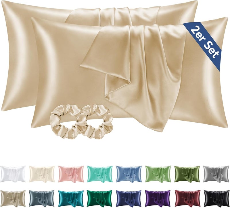 BEDELITE Satin Cushion Cover Set of 2 40 x 80 cm Gold Beige | Silk Pillowcase Alternative, Soft for Summer, 2 Hair Bobbles Included, for Hair and Skin - Image 1