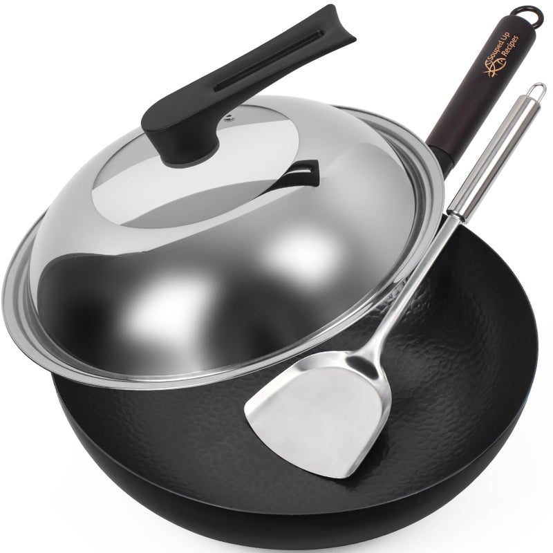 Souped Up Recipes 125 Inch Carbon Steel Wok For Electric Induction and Gas Stoves Lid Spatula and User Guide Video Included