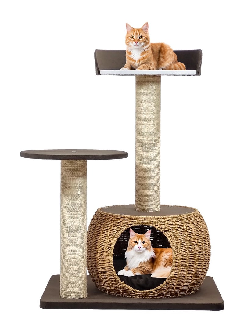 MAJIBAO Cat tree tower activity center with Double perches, Sisal scratching post, and Rattan cat condo, Modern cat tree for indoor cats and kittens, Easy to assemble 86 cm (Chocolate) - Image 1