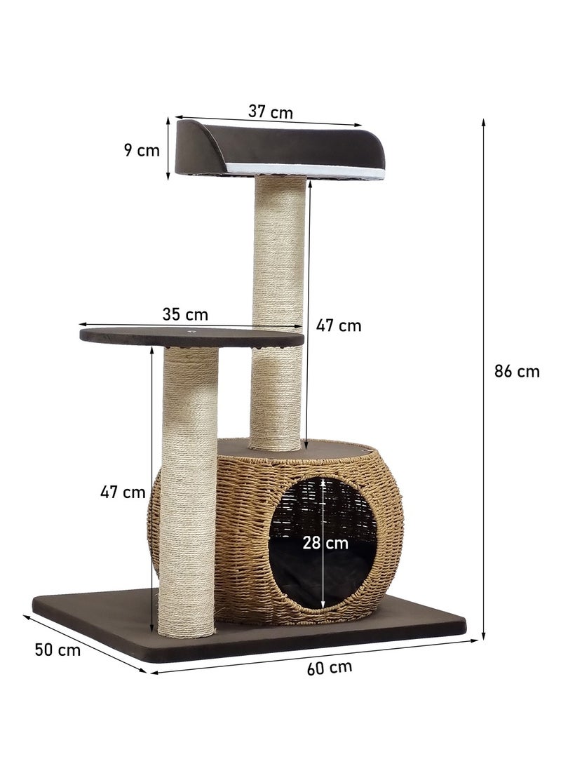 MAJIBAO Cat tree tower activity center with Double perches, Sisal scratching post, and Rattan cat condo, Modern cat tree for indoor cats and kittens, Easy to assemble 86 cm (Chocolate) - Image 2