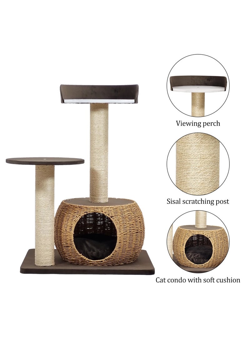 MAJIBAO Cat tree tower activity center with Double perches, Sisal scratching post, and Rattan cat condo, Modern cat tree for indoor cats and kittens, Easy to assemble 86 cm (Chocolate) - Image 3