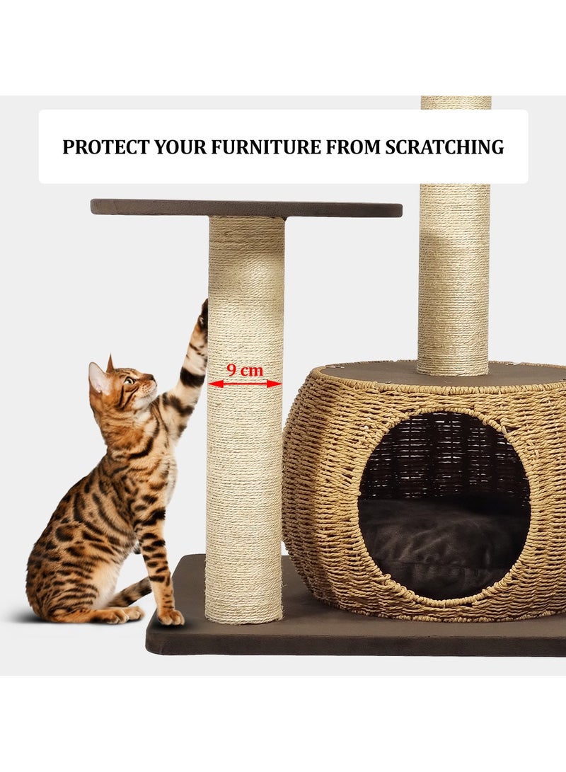 MAJIBAO Cat tree tower activity center with Double perches, Sisal scratching post, and Rattan cat condo, Modern cat tree for indoor cats and kittens, Easy to assemble 86 cm (Chocolate) - Image 4