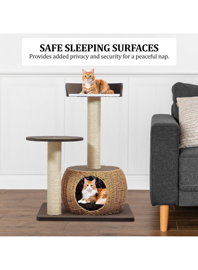 MAJIBAO Cat tree tower activity center with Double perches, Sisal scratching post, and Rattan cat condo, Modern cat tree for indoor cats and kittens, Easy to assemble 86 cm (Chocolate) - Image 5