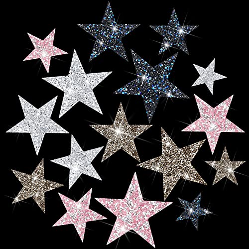 Jexine 16 Pcs Star Iron on Patches Rhinestone Glitter Patches Star Shape Crystal Hot Adhesives Appliques Shiny Jeans Bag Pant Clothing Repair Decoration for Disco Party DIY Craft Graduation Gifts - Image 1