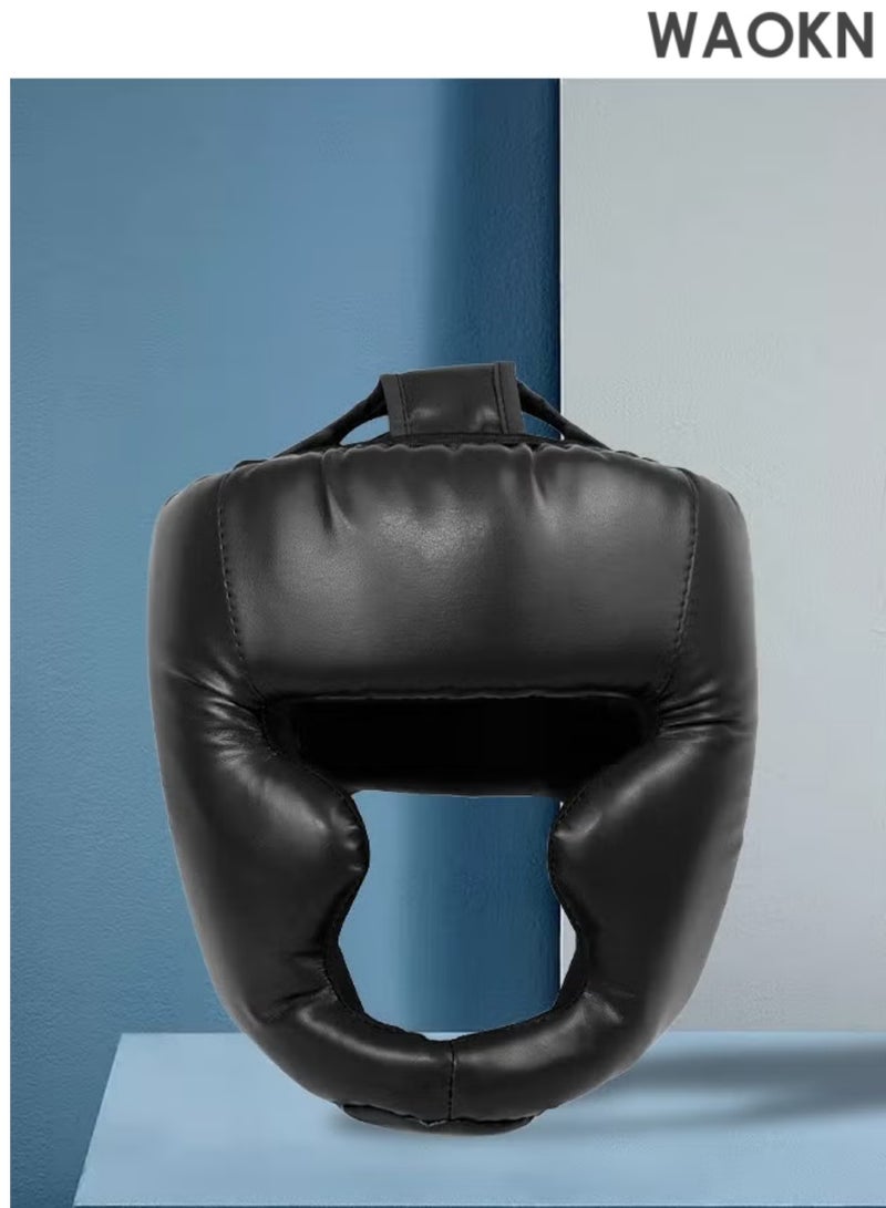 دبليو أيه أو كي أن خوذة ملاكمة أساسية للرجال والنساء، خوذة ملاكمة سميكة لحماية الرأس، دعامة لحماية الرأس، خوذة ملاكمة من الجلد الصناعي للتدريب على الكيك بوكسينغ والفنون القتالية المختلطة والمواي تاي والفنون القتالية والكاراتيه والتايكوندو (أسود) - Image 2