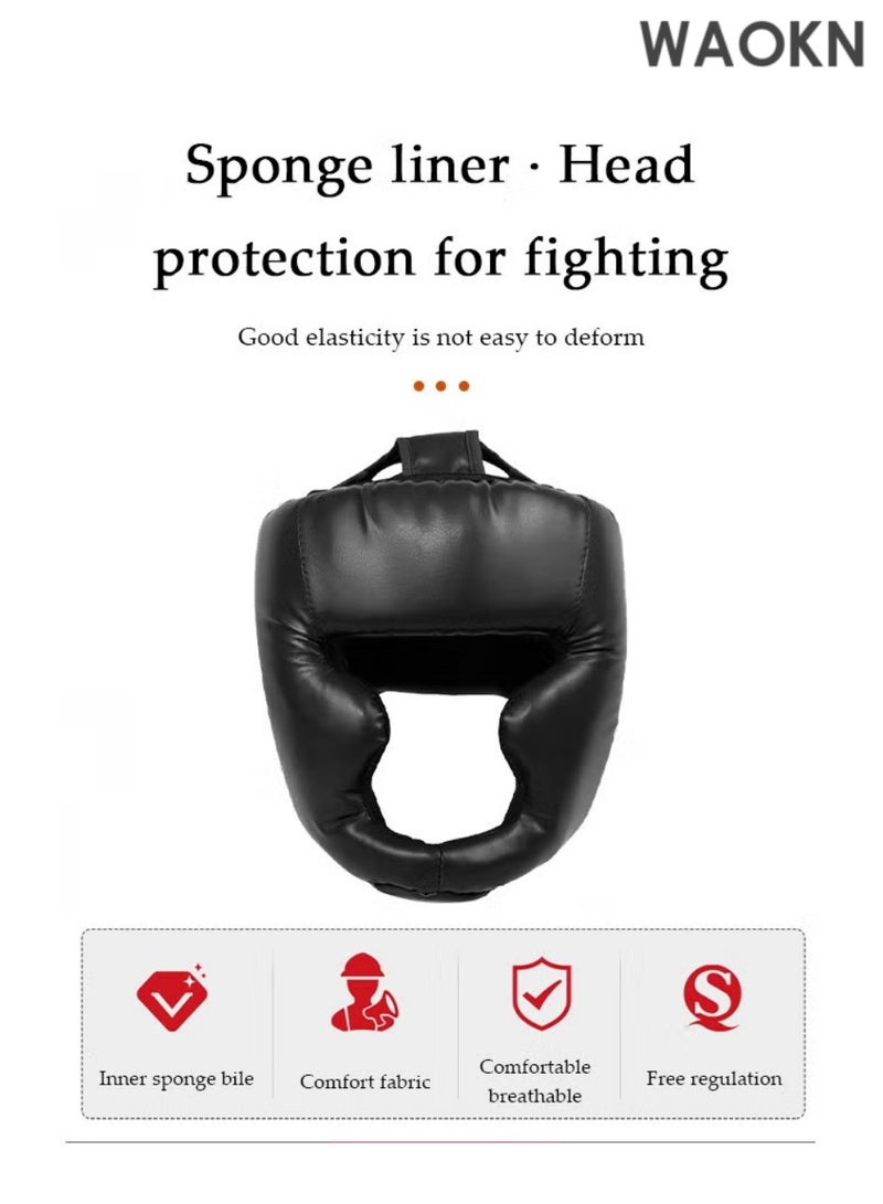 دبليو أيه أو كي أن خوذة ملاكمة أساسية للرجال والنساء، خوذة ملاكمة سميكة لحماية الرأس، دعامة لحماية الرأس، خوذة ملاكمة من الجلد الصناعي للتدريب على الكيك بوكسينغ والفنون القتالية المختلطة والمواي تاي والفنون القتالية والكاراتيه والتايكوندو (أسود) - Image 3