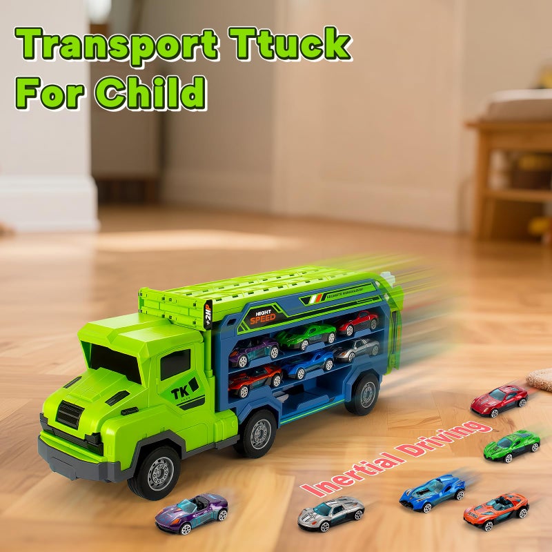 Bstoyder Kids Toys for 3 4 5 6 7 8 Years Old Boys, Carrier Truck Transport Car Toys, Foldable 2 Layer Car Race Track Playset with 25-in Race Track, 6 Metal Toy Cars, Birthday Toy Gift for Toddler Boys Girls - Image 2