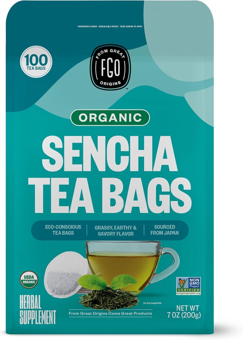 FGO Organic Japanese Sencha Green Tea Bags - 100 Count Eco-Conscious Tea Bags in Resealable Kraft Bag - Image 1