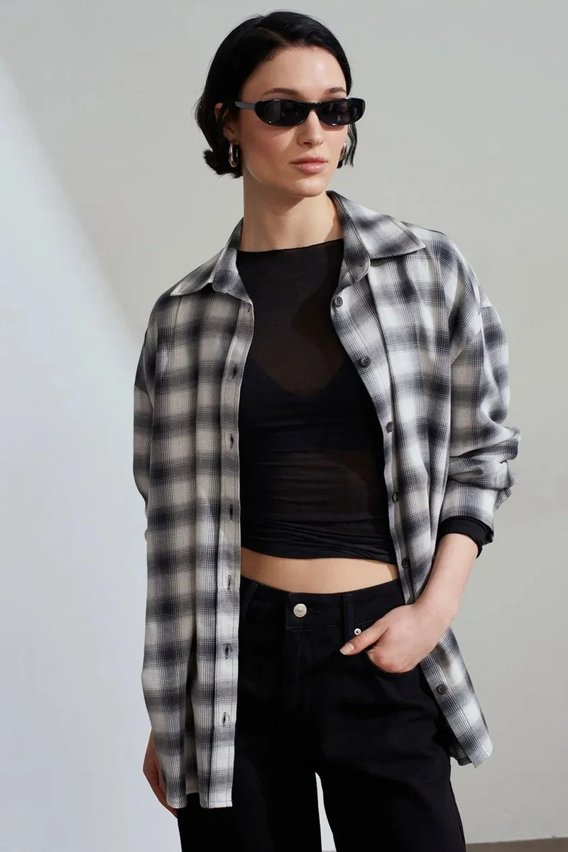 Dilvin Multicolor DILVIN Oversized Plaid Long-Sleeve Shirt for Women | Best Price UAE