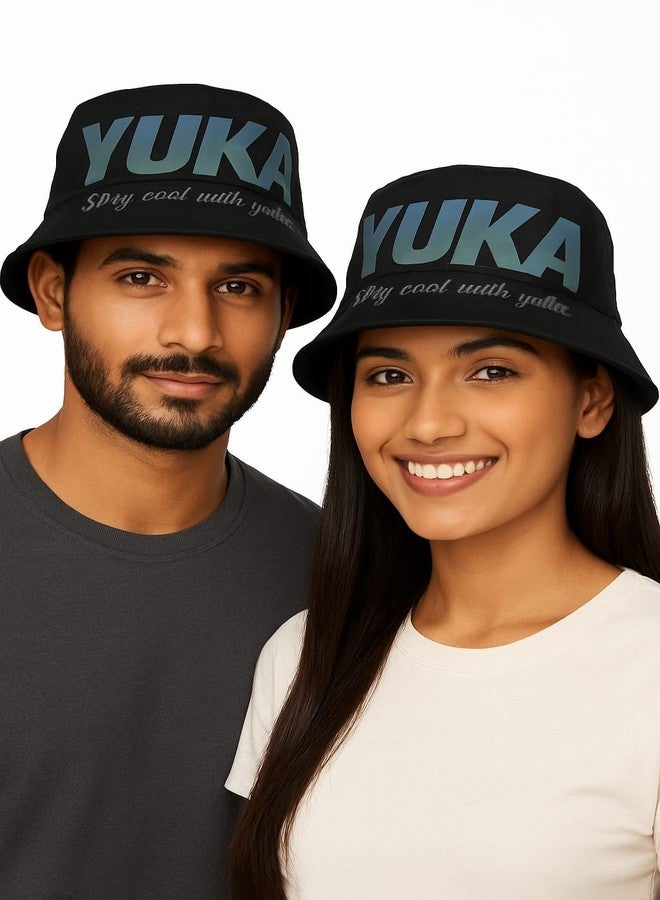 YUKA Bucket Hat, Black Cotton with Holographic Logo Design, Stay Cool Print, Unisex - Image 1