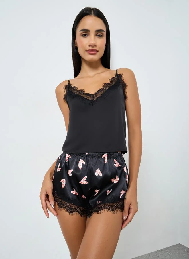 Styli Lace Detail Satin Cami Top and Heart Print Shorts Set