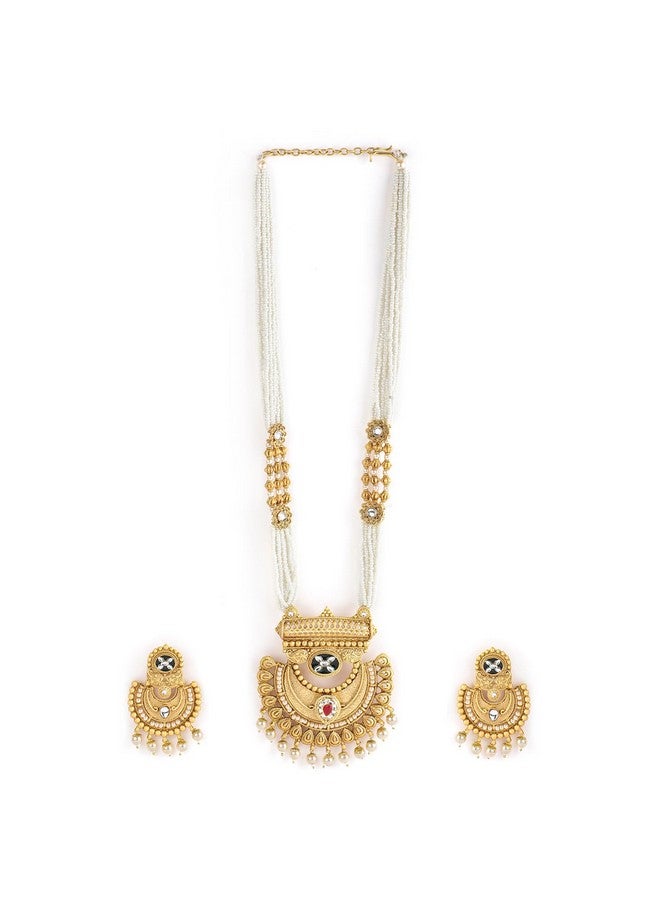 Rubans Gold-Plated White Pink Kundan-Studded Beaded Handcrafted Jewellery Set For Women - Image 1