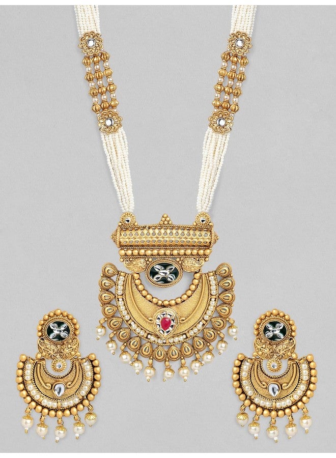 Rubans Gold-Plated White Pink Kundan-Studded Beaded Handcrafted Jewellery Set For Women - Image 2