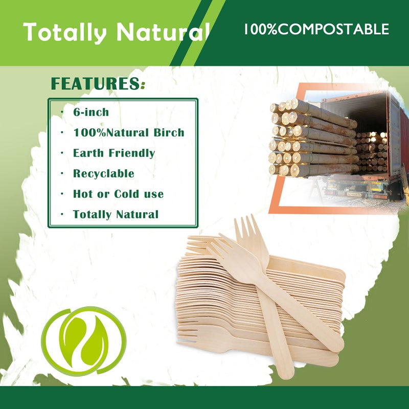 REERAA Disposable Wooden Forks -Pack of 100  6.5"" Length-Biodegradable  Natural Wooden Utensils  Great for Parties Camping Weddings&Dinner Events (Forks) - Image 3