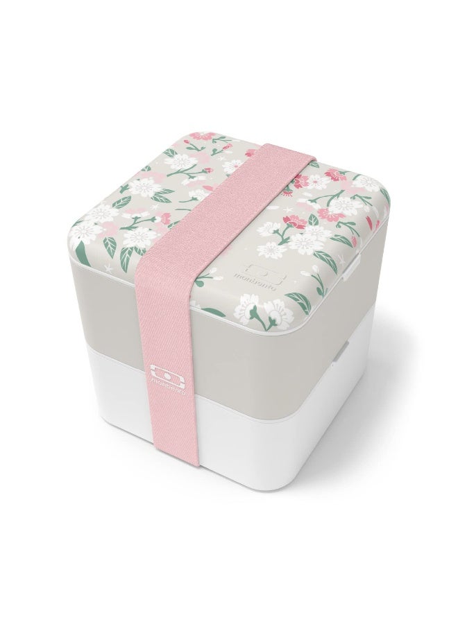 monbento - Large Bento Box MB Square Sakura with Compartments - Leakproof Lunch Box for Work and Meal Prep - BPA Free - Food Grade Safe - Japanese Flowers - Grey - Image 1