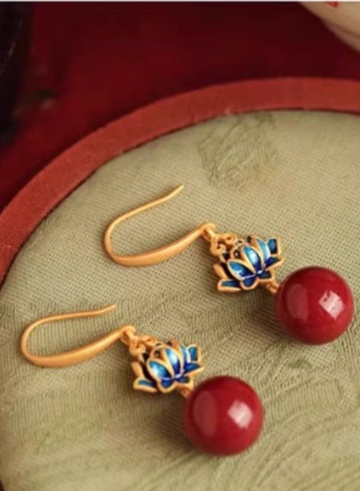 Colorful Lotus Earrings, Female Red New Chinese Style Earrings, Eardrops - Image 3