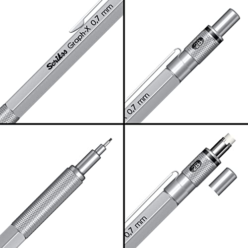 Scrikss 0.7mm Mechanical Clutch Lead Pen Pencil Satin Chrome Brass Body Push Mechanism Graph-X Series Eraser Included - Image 3