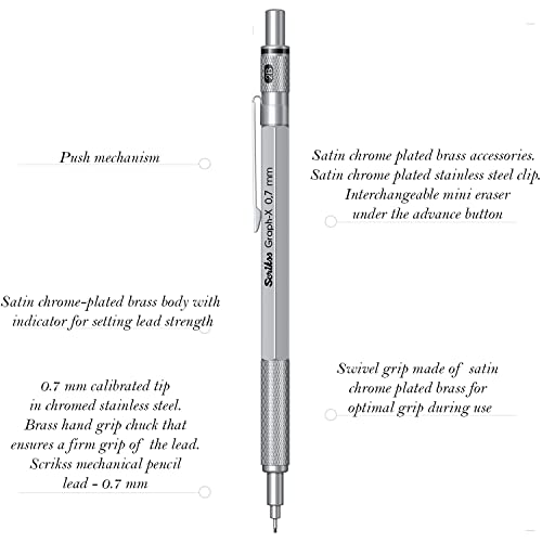 Scrikss 0.7mm Mechanical Clutch Lead Pen Pencil Satin Chrome Brass Body Push Mechanism Graph-X Series Eraser Included - Image 2
