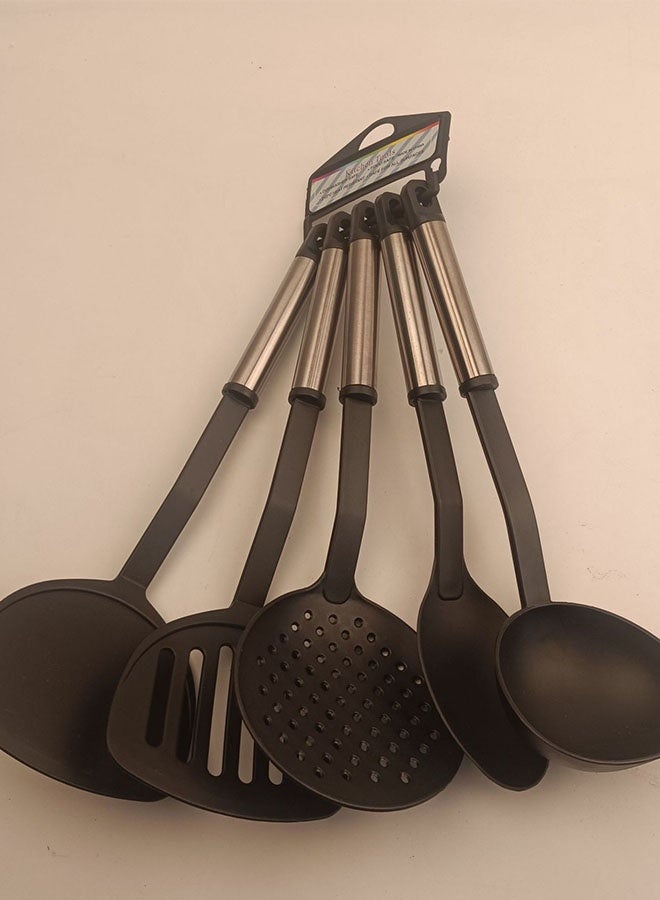 5-Piece Spoon Set, Nylon Kitchen Utensils, Non-Stick Cookware Spatula Spoon Set, Cooking Turner Spoon Tool, High Temperature Resistant Easy To Clean Essential Kitchen Cooking Utensils, Silver/Black - Image 5