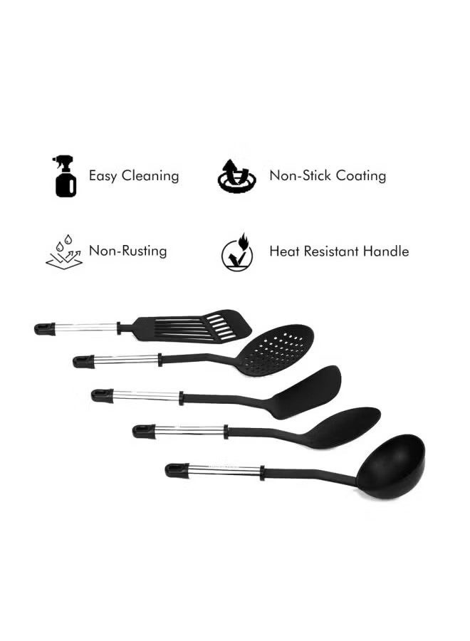 5-Piece Spoon Set, Nylon Kitchen Utensils, Non-Stick Cookware Spatula Spoon Set, Cooking Turner Spoon Tool, High Temperature Resistant Easy To Clean Essential Kitchen Cooking Utensils, Silver/Black - Image 3