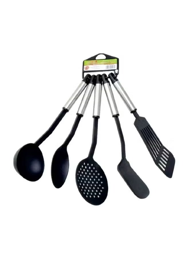 5-Piece Spoon Set, Nylon Kitchen Utensils, Non-Stick Cookware Spatula Spoon Set, Cooking Turner Spoon Tool, High Temperature Resistant Easy To Clean Essential Kitchen Cooking Utensils, Silver/Black - Image 1