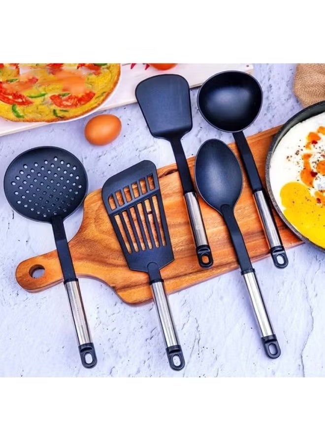 5-Piece Spoon Set, Nylon Kitchen Utensils, Non-Stick Cookware Spatula Spoon Set, Cooking Turner Spoon Tool, High Temperature Resistant Easy To Clean Essential Kitchen Cooking Utensils, Silver/Black - Image 2