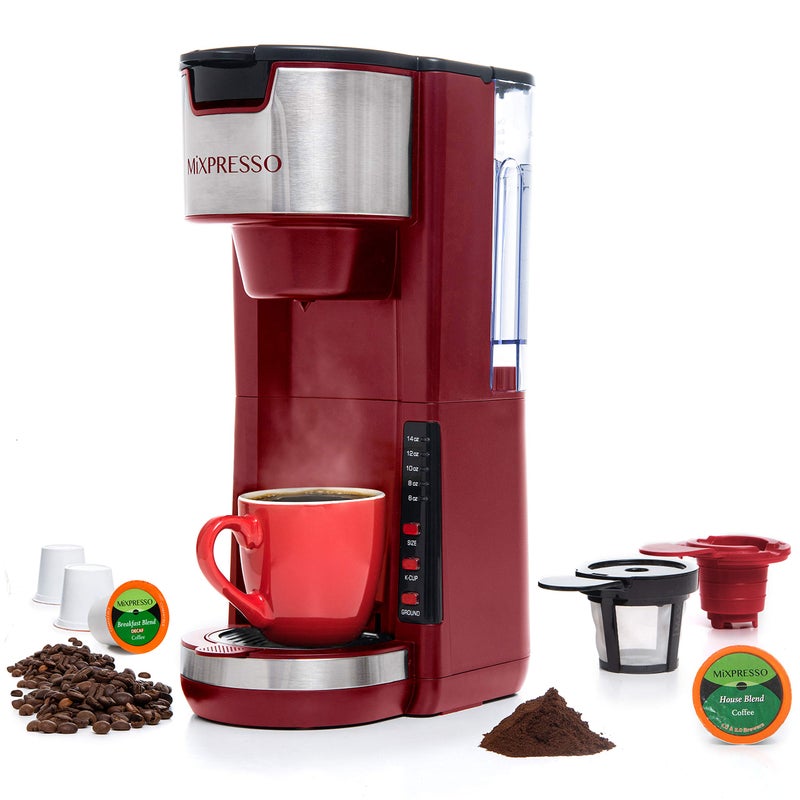 Mixpresso Single Serve Coffee Brewer KCup Pods Compatible  Ground Coffee 30oz Compact Coffee Maker Single Serve 5 Brew Sizes Up To 14Oz Fits Travel Mug Adjustable Drip Tray Red Coffee Maker
