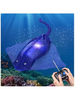 Remote Control Boat High-Simulation Diving Manta Ray Pool Toys for Kids Age 4+, 2.4gz RC Stingray Robot Fish Toy with LED Lights Lake Swimming Bathroom, Blue