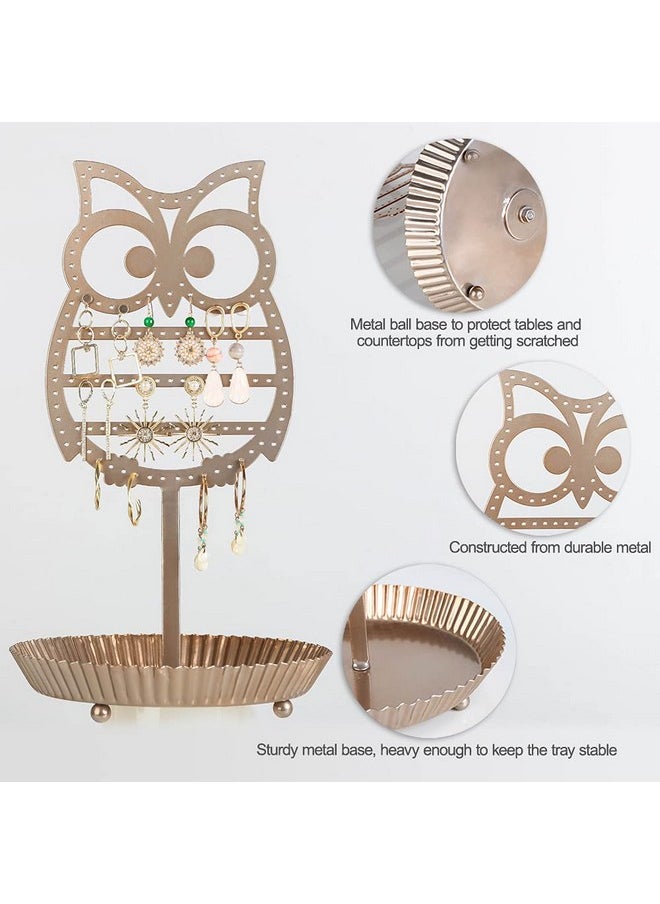 NIKKY HOME - NIKKY HOME Earring Holder Hanging Organizer Stand Metal Jewelry Tree Table Top Owl Ear Stud Holder Tower Rack with Ring Tray for Girls (134 Holes), Gold - Image 1