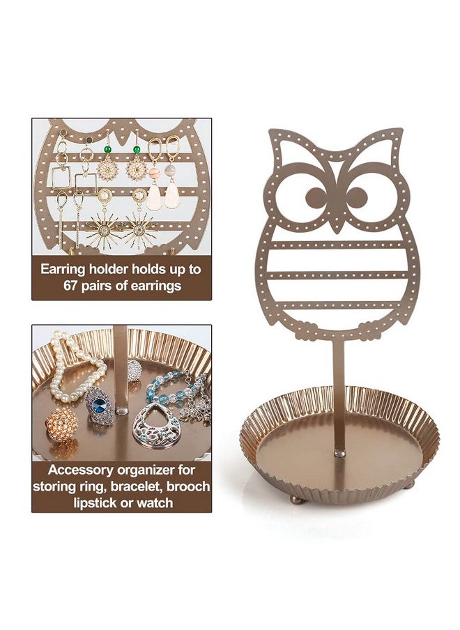 NIKKY HOME - NIKKY HOME Earring Holder Hanging Organizer Stand Metal Jewelry Tree Table Top Owl Ear Stud Holder Tower Rack with Ring Tray for Girls (134 Holes), Gold - Image 1