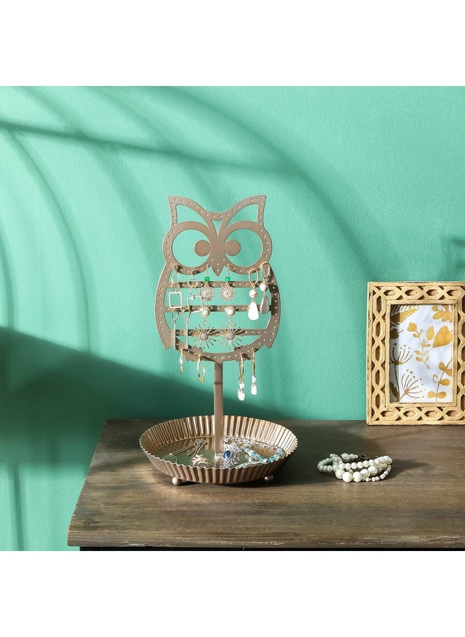 NIKKY HOME - NIKKY HOME Earring Holder Hanging Organizer Stand Metal Jewelry Tree Table Top Owl Ear Stud Holder Tower Rack with Ring Tray for Girls (134 Holes), Gold - Image 1