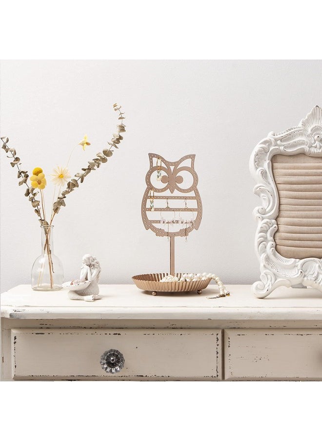 NIKKY HOME - NIKKY HOME Earring Holder Hanging Organizer Stand Metal Jewelry Tree Table Top Owl Ear Stud Holder Tower Rack with Ring Tray for Girls (134 Holes), Gold - Image 1