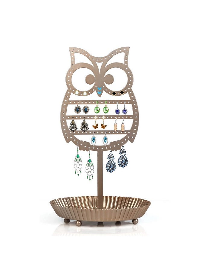 NIKKY HOME - NIKKY HOME Earring Holder Hanging Organizer Stand Metal Jewelry Tree Table Top Owl Ear Stud Holder Tower Rack with Ring Tray for Girls (134 Holes), Gold - Image 1