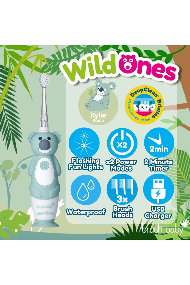 برش بيبي فرشاة أسنان كهربائية للأطفال من وايلد وانز كوالا – شعيرات ناعمة، وضعان للتنظيف، مؤقت مدمج، شحن USB، مقاومة للماء – للأعمار من 0 إلى 10 سنوات - Image 2