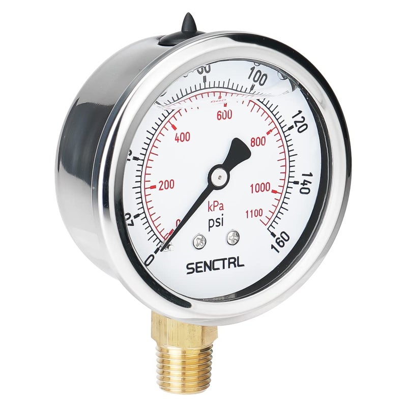 senctrl 160 Psi Lead-Free Glycerin Liquid Filled Low Pressure Gauge, 2.5" Dial Size, 1/4" NPT Lower Mount, Stainless Steel Case, for Home Potable Water Pump, Air, Well, RV Hose, Pressure Test - Image 1