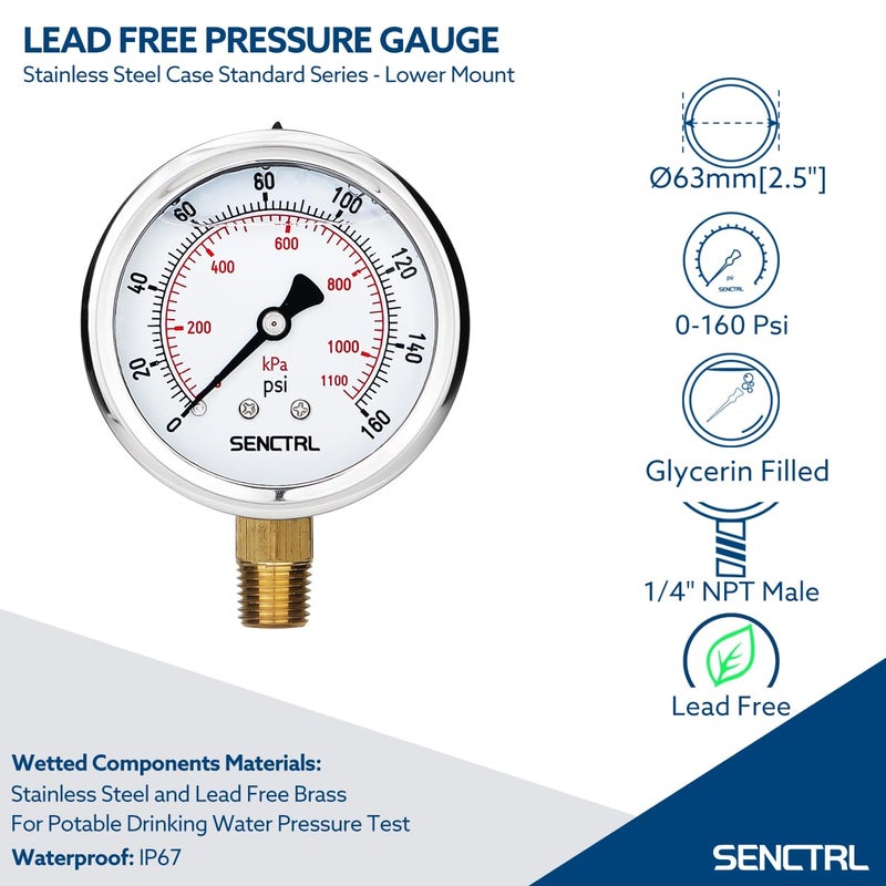 senctrl 160 Psi Lead-Free Glycerin Liquid Filled Low Pressure Gauge, 2.5" Dial Size, 1/4" NPT Lower Mount, Stainless Steel Case, for Home Potable Water Pump, Air, Well, RV Hose, Pressure Test - Image 2