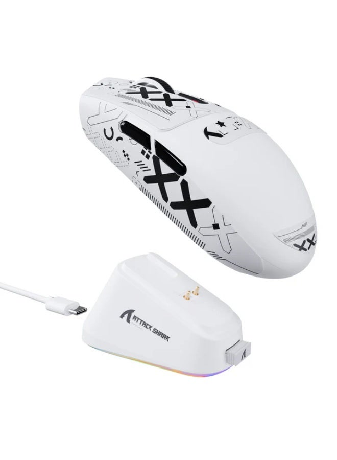 هجوم القرش ماوس ألعاب لاسلكي G3PRO مع قاعدة شحن RGB، 2.4 جيجاهرتز/USB-C سلكي/BT PAW3311 مستشعر بصري، معدل استطلاع 1K قابل للتعديل 25K نقطة في البوصة، بطارية 500 مللي أمبير في الساعة، فأرة خفيفة الوزن للغاية 59 جرام (أبيض وشريط لاصق) - Image 1