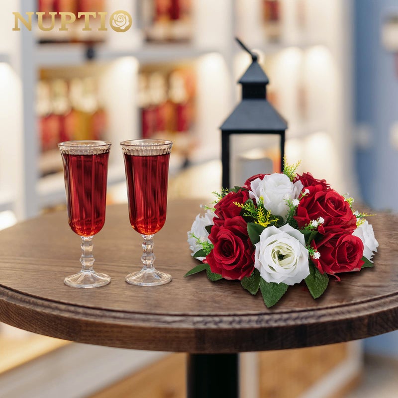 NUPTIO NUPTIO Artificial Flower Centrepieces for Tables - 2 Pcs Crimson & White Fake Flowers Roses Balls 9.5in Diameter - Silk Faux Rose Arrangement for Wedding Party Centerpiece Table Decorations - Image 2