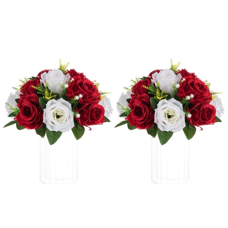 NUPTIO NUPTIO Artificial Flower Centrepieces for Tables - 2 Pcs Crimson & White Fake Flowers Roses Balls 9.5in Diameter - Silk Faux Rose Arrangement for Wedding Party Centerpiece Table Decorations - Image 1