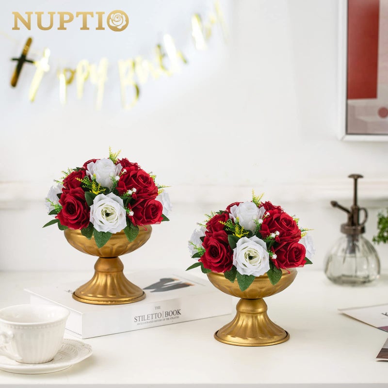 NUPTIO NUPTIO Artificial Flower Centrepieces for Tables - 2 Pcs Crimson & White Fake Flowers Roses Balls 9.5in Diameter - Silk Faux Rose Arrangement for Wedding Party Centerpiece Table Decorations - Image 3