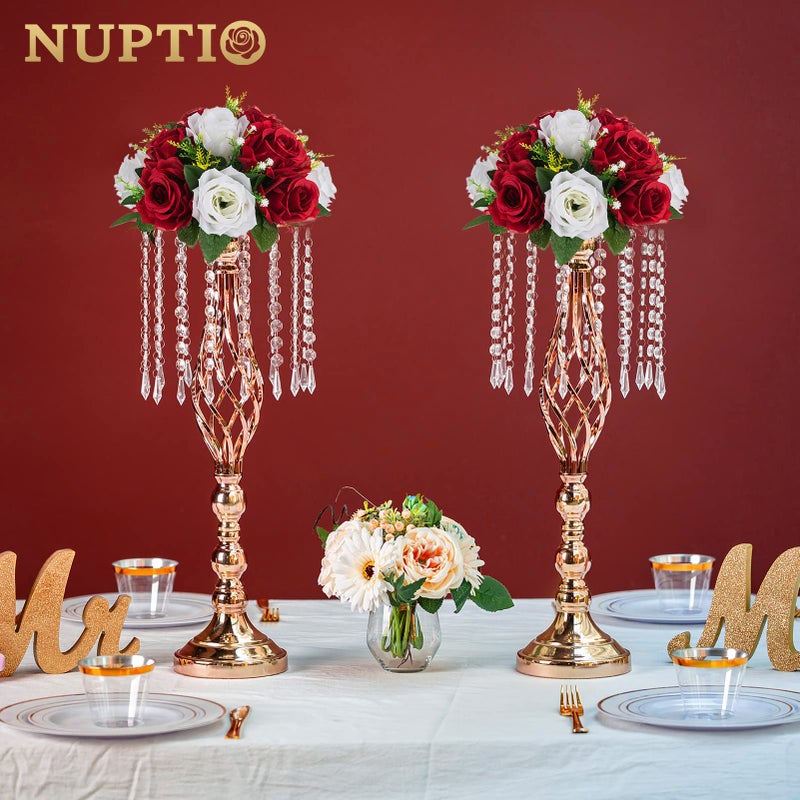 NUPTIO NUPTIO Artificial Flower Centrepieces for Tables - 2 Pcs Crimson & White Fake Flowers Roses Balls 9.5in Diameter - Silk Faux Rose Arrangement for Wedding Party Centerpiece Table Decorations - Image 4