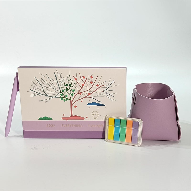COMMA Everything Planner 2026 Gift Set | A5 Size New Year Diary, DIY Pen Stand, Pen and Sticky Notes | Budget & Mood Tracker, Birthdays, Shopping & Reading Lists and Travel Planner | Fabric Cover Material | (Purple) - Image 1