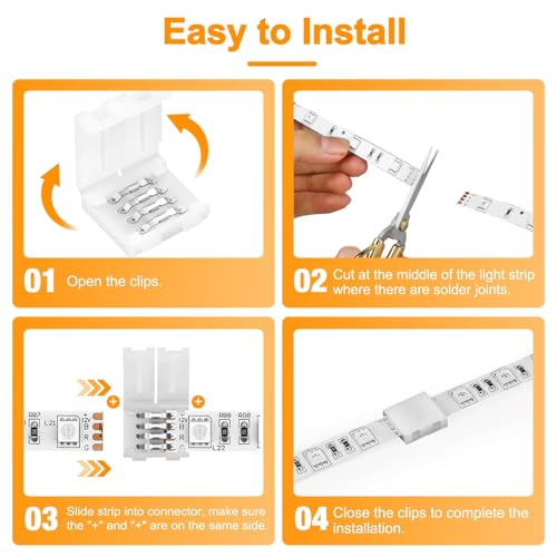 DIANZHU 20Pcs 4-Pin LED Strip Connectors, 10mm Wide Unwired Solderless LED Light Connectors, Easily Extend or Splice SMD 5050 RGB Multicolor Light Strips - Image 4